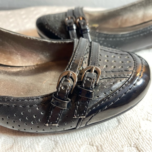 Aldo Women Ballet Flat Pumps Black Leather Perforated Buckle Slip On Low Heel - Picture 9 of 16
